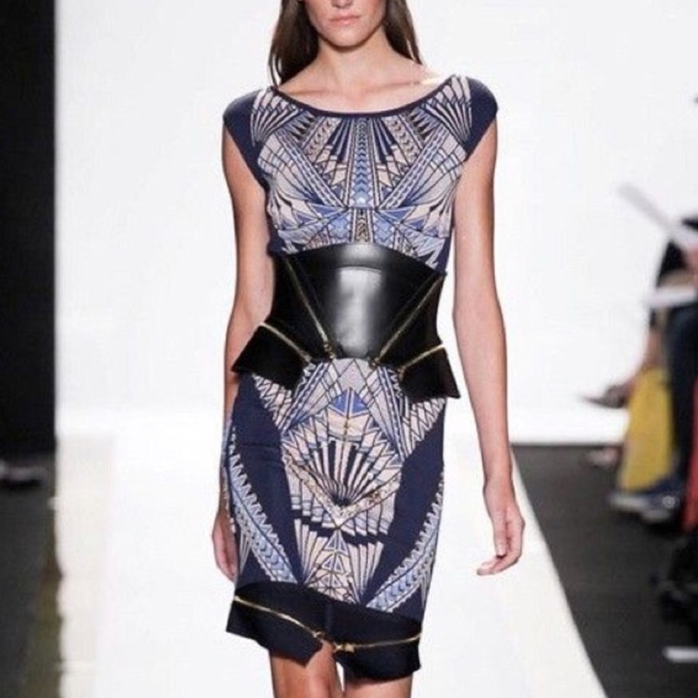 Herve Leger Bodycon Dress S Navy Gold Bandage